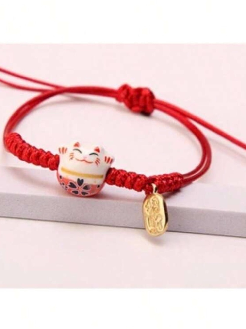 Red Lucky Cat Cord Bracelet with Gold Charm waterproof